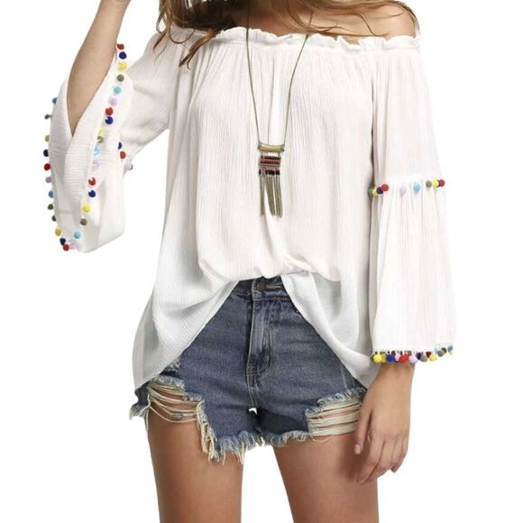 Nylon Apparel Off Shoulder Tops w/ Pompoms in S - Picture 2 of 8